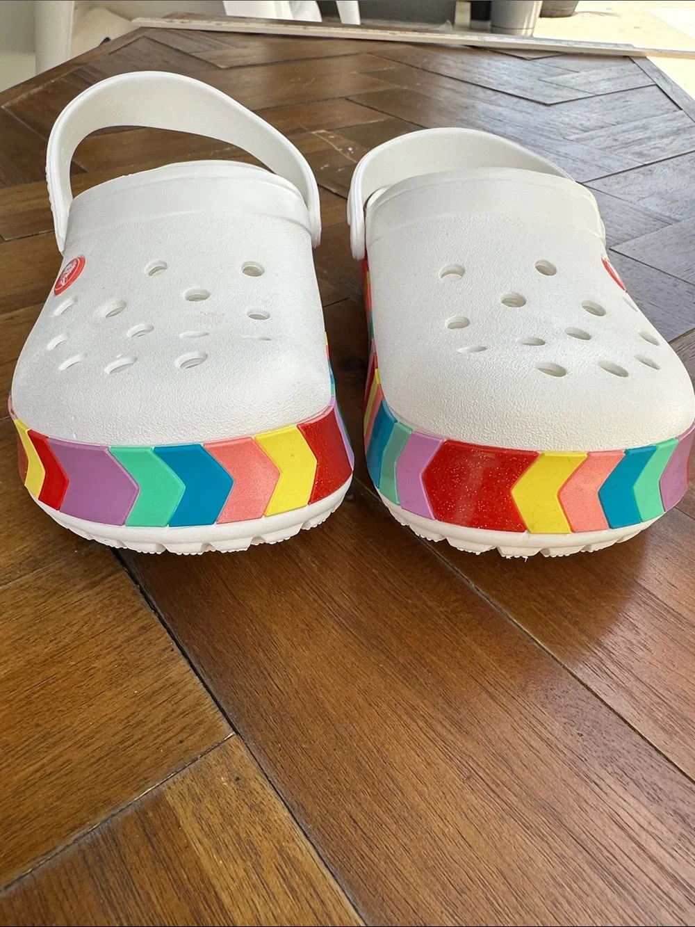 CROCS White Kids Clogs with Rainbow Chevron Trim, Junior 6